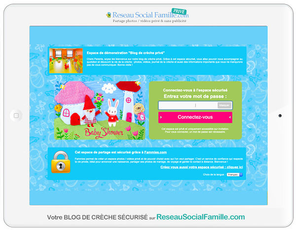 Voici un exemple de blog de crèche sécurisé avec la page d'accès où les familles doivent entrer leur mot de passe : 